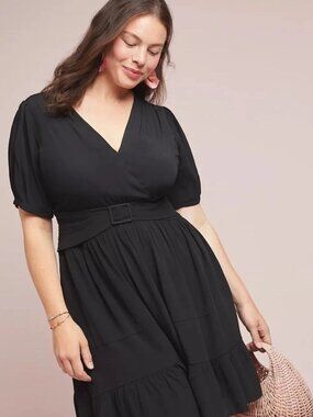 Maeve by Anthropologie Martina Dress 18W Black Belted Tiered Midi